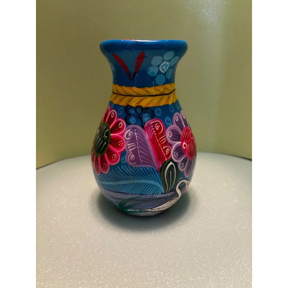 Cozumel Mexico Hand Painted Pottery Vase Floral Bird Folk Art Terracotta Blue
